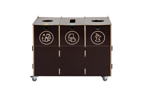 Brown 3-compartment recycling station designed for sustainable waste sorting. Stylish, functional, and eco-friendly, perfect for environmentally-conscious workplaces.