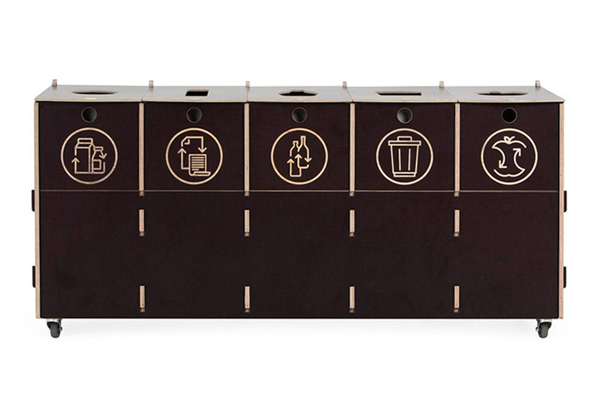 Brown 5-compartment recycling station with ample space for comprehensive waste separation. Ideal for businesses, public spaces, and sustainability-focused institutions.