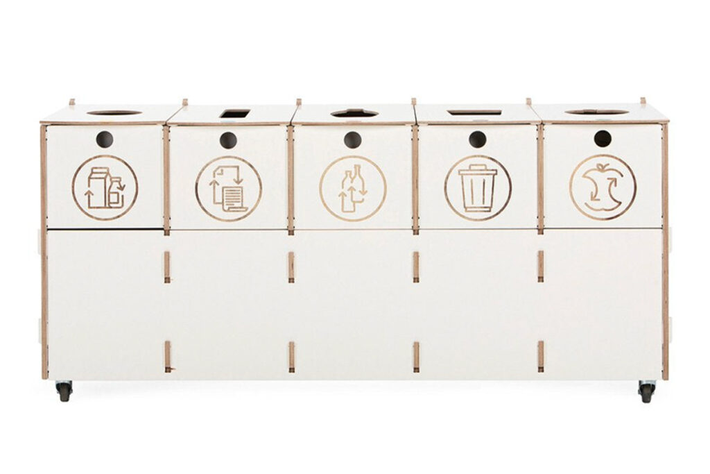 White 5-compartment recycling station for multi-category waste management. Sleek, eco-conscious design perfect for high-traffic environments like offices and commercial spaces.