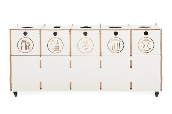 White 5-compartment recycling station for multi-category waste management. Sleek, eco-conscious design perfect for high-traffic environments like offices and commercial spaces.