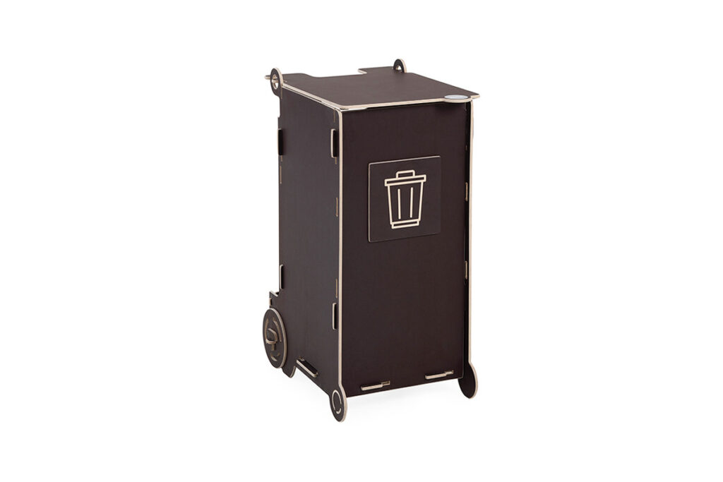 50L brown SORTAIDER recycling station for waste separation in eco-conscious spaces. Compact and stylish with compartments for plastic, paper, and general waste