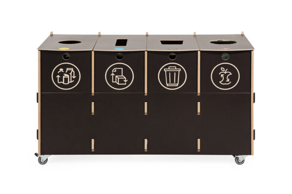 Brown 4-compartment recycling station offering a practical waste sorting solution for paper, plastic, mixed, and organic waste. Durable and aesthetically pleasing design.