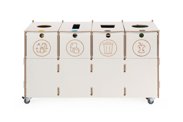 White 4-compartment recycling station for efficient sorting of plastic, paper, general, and organic waste. Modern design with labeled compartments for easy waste separation.