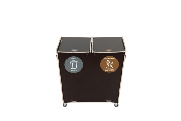 Compact brown recycling bin with 2 compartments for plastic and paper waste. Ideal for smaller spaces such as homes and cafes. Capacity: 20 liters