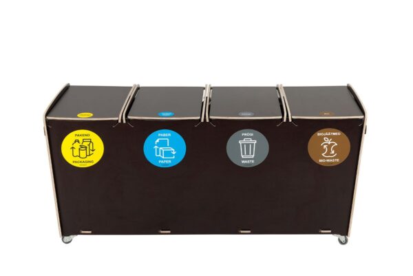 Eco-friendly brown recycling bin with 4 compartments for plastic, paper, mixed, and bio waste. Great for sustainable waste management. Capacity: 20 liters