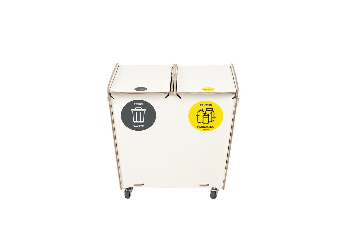 Space-saving white recycling bin with 2 compartments for plastic and paper waste. Ideal for small offices and kitchens. Capacity: 20 liters.