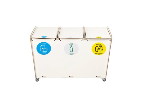 Modern white recycling bin with 3 compartments for plastic, paper, and mixed waste. Perfect for environmentally-conscious workplaces. Capacity: 40 liters