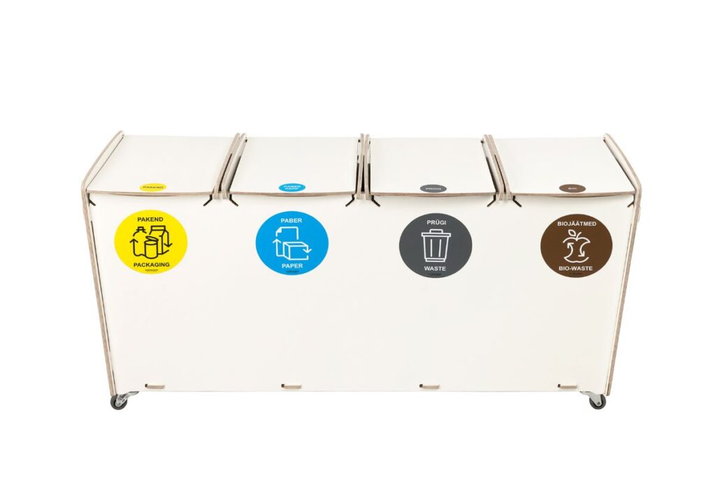 Eco-friendly white recycling bin with 4 compartments for plastic, paper, mixed, and bio waste. Perfect for eco-conscious environments. Capacity: 20 liters