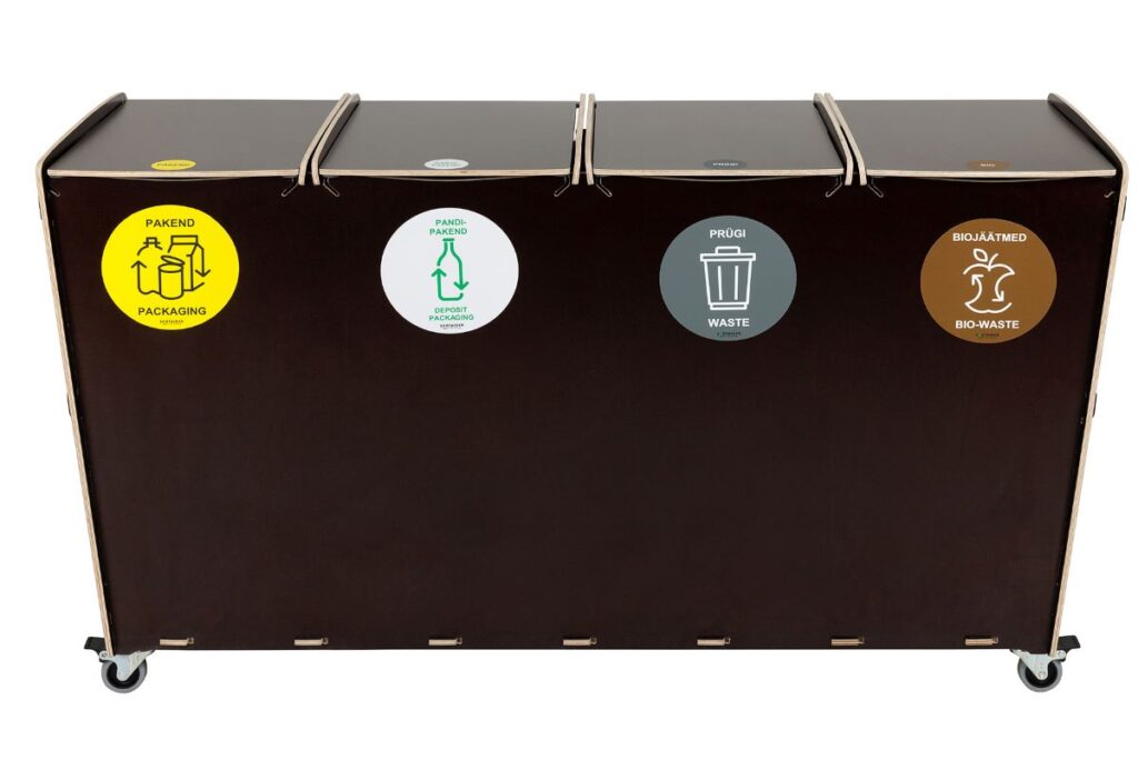 Versatile brown recycling bin with 4 compartments for plastic, paper, mixed, and bio waste. Perfect for environmentally-friendly offices. Capacity: 40 liters