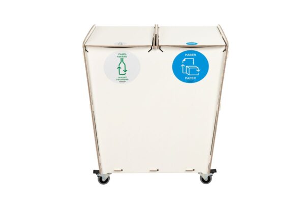 Compact white recycling bin with 2 compartments for plastic and paper waste. Ideal for efficient waste sorting in offices and public spaces. Capacity: 40 liters