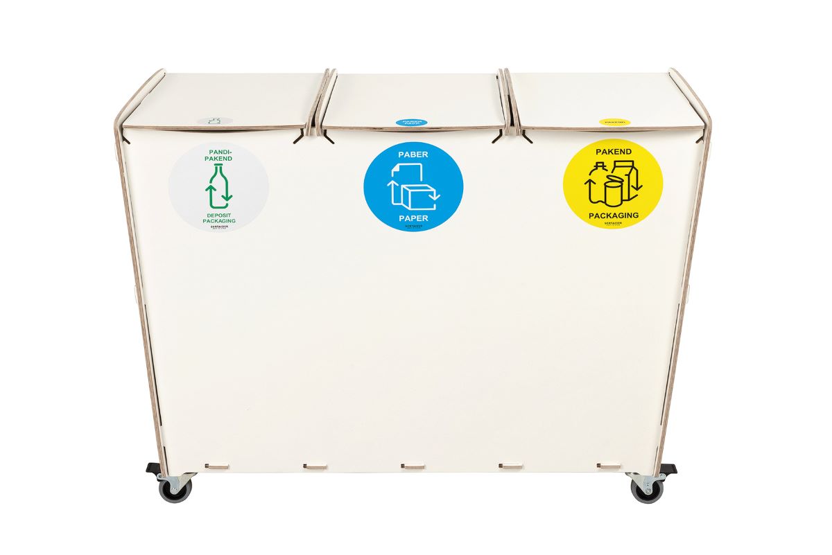 Recycling bin, Modern white with 3 compartments for plastic, paper, and mixed waste. Perfect for environmentally-conscious workplaces. Capacity: 40 liters