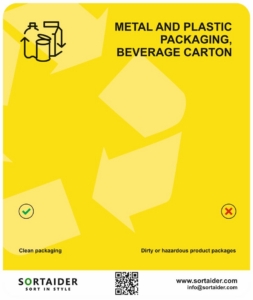 Vejledning i genbrug af metal- og plastemballage – rene plastflasker, dåser og drikkekartoner er tilladt; ingen snavsede eller farlige beholdere.