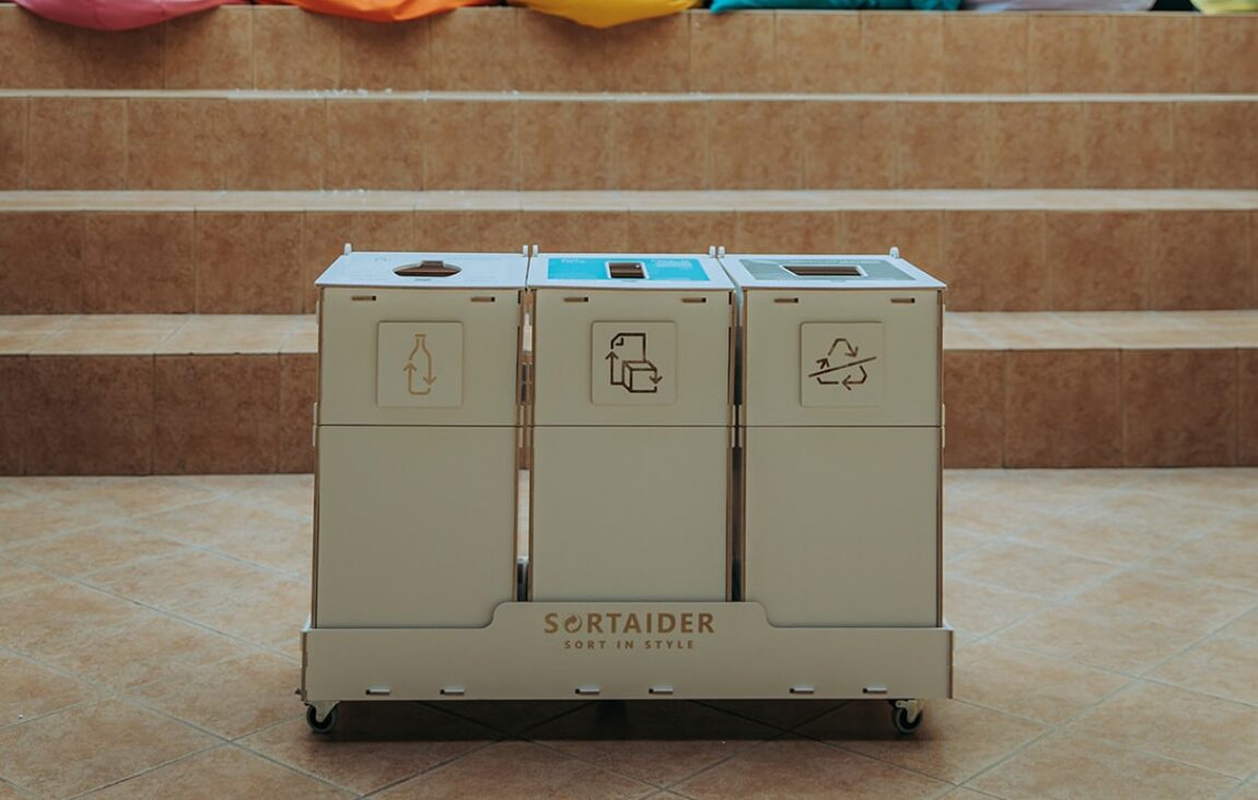Recycling bins for schools designed as durable waste sorting stations for educational environments