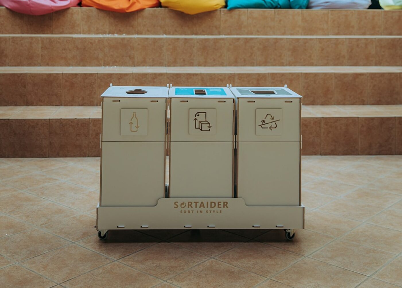 Recycling bins for schools designed as durable waste sorting stations for educational environments