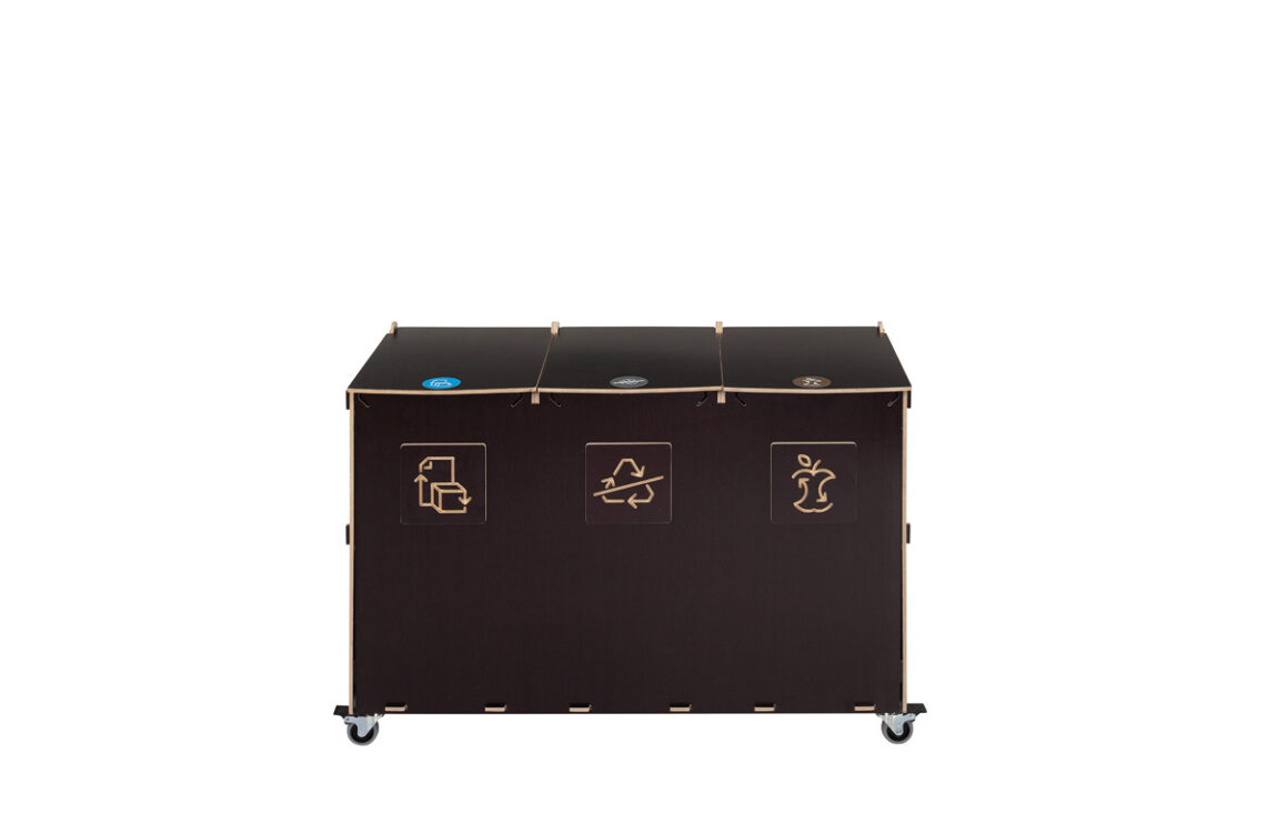 Recycling Bin for schools 40 L for three waste fractions of birch plywood next to the classroom door at the school in daily use