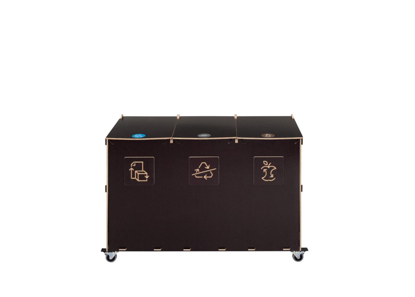 Recycling Bin for schools 40 L for three waste fractions of birch plywood next to the classroom door at the school in daily use