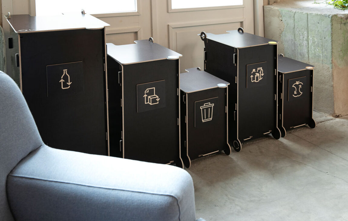 Waste bins for co-working spaces placed in a shared area to support easy waste sorting for rotating users.