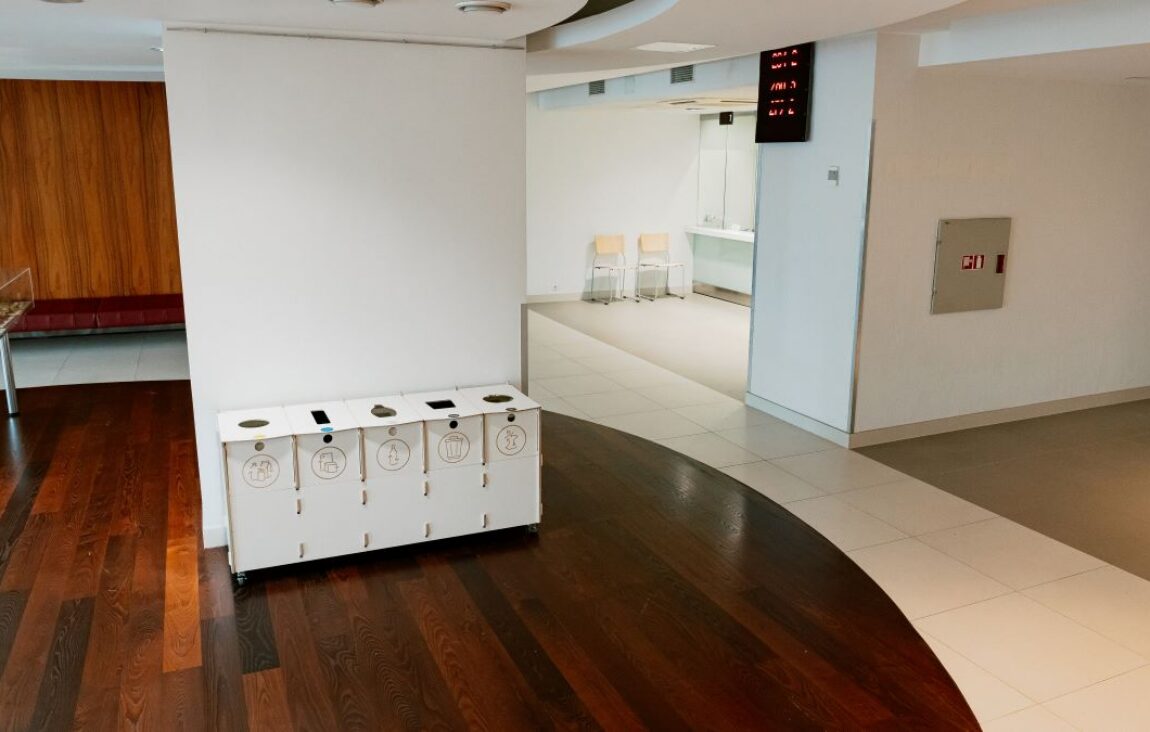 Recycling waste bins for organized and efficient recycling in offices, schools, or public spaces.