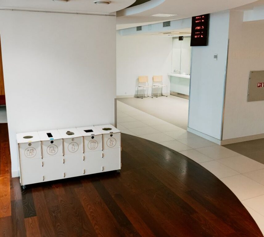 Recycling waste bins for organized and efficient recycling in offices, schools, or public spaces.