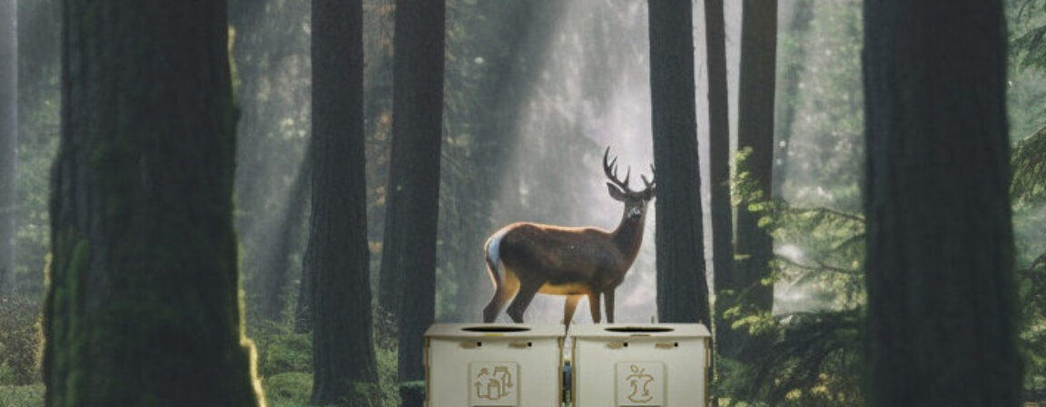 Miljøvenlige Sortaider-Affaldssorteringsstationen af krydsfiner i en skov, der symboliserer bæredygtigt design og naturvenlige materialer