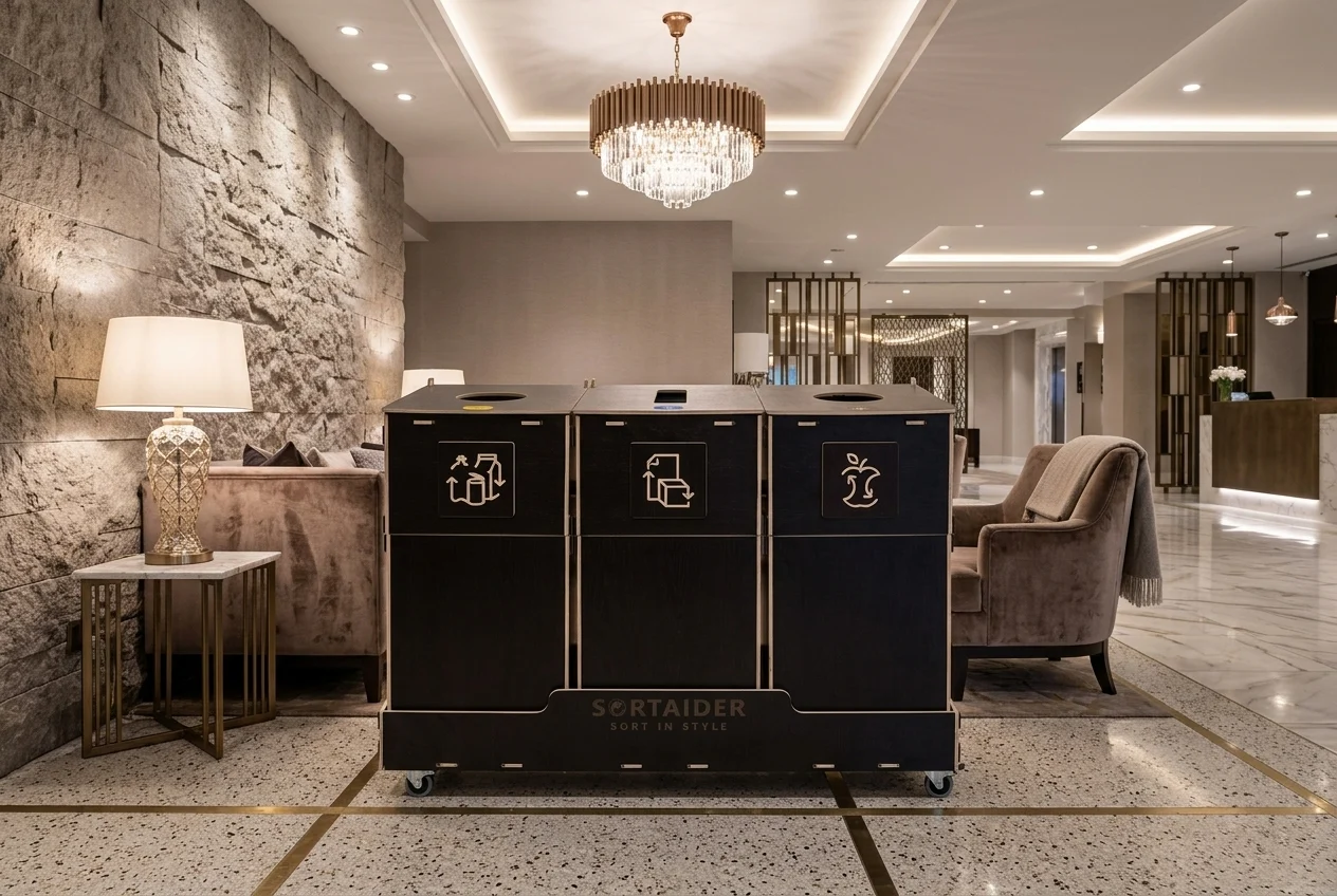 Källsorteringskärl i hotellobby