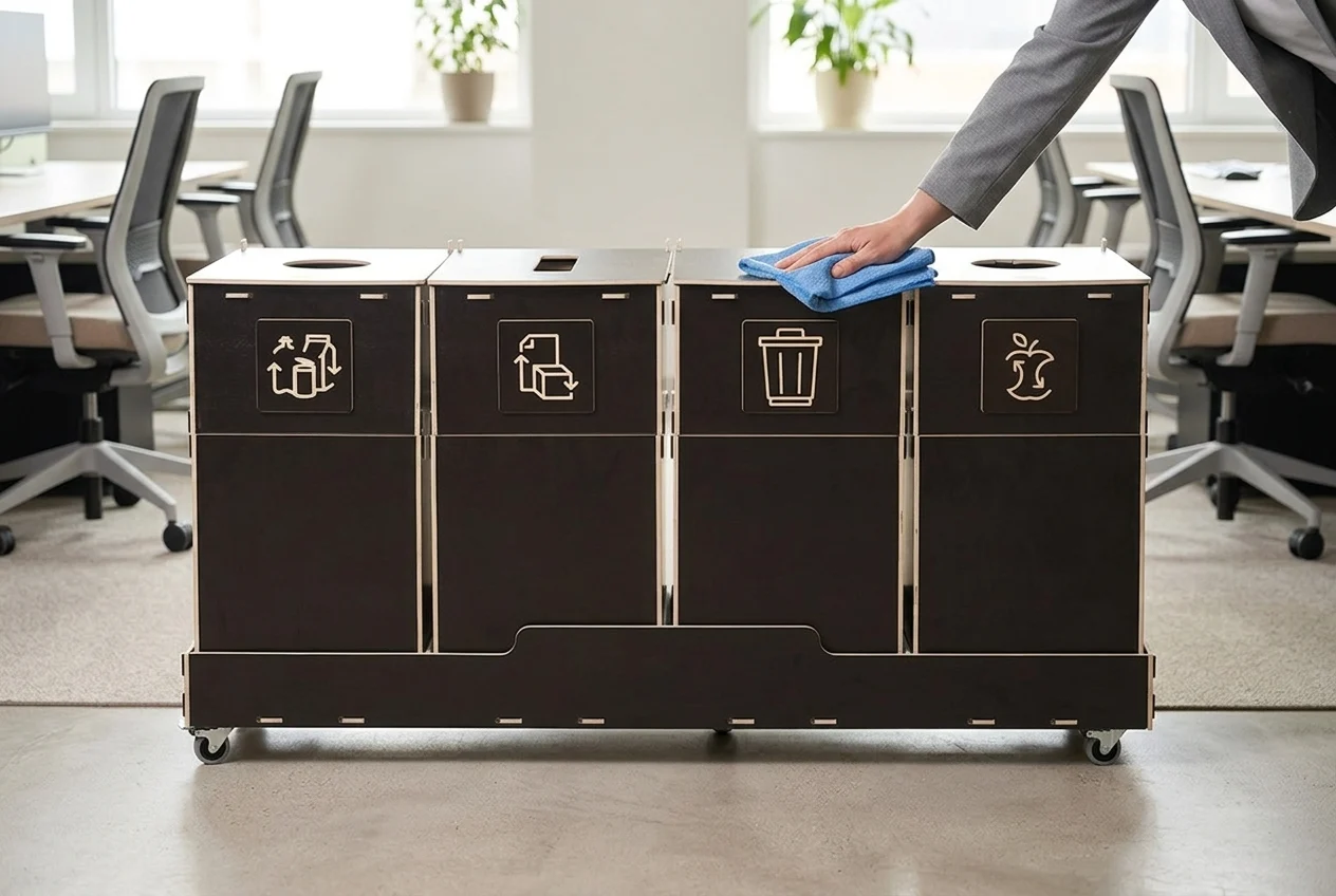 A close-up of a person cleaning a stylish dark wooden 4-compartment office recycling bin on wheels.