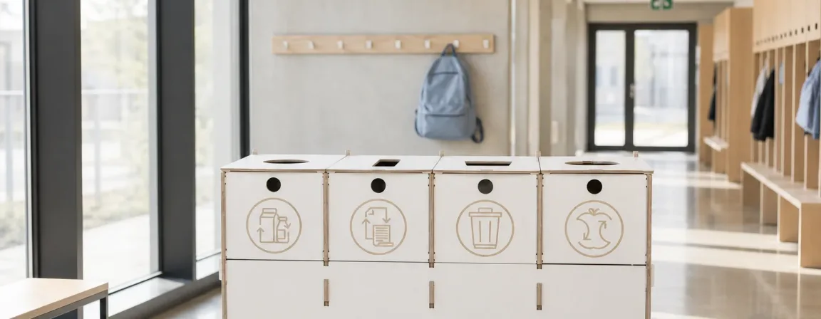 Sortaider recycling stations in a modern facility corridor