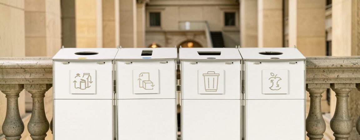 Recycling bins for education systems on a wheeled base, featuring clear waste sorting pictograms, placed in an elegant university campus hallway.
