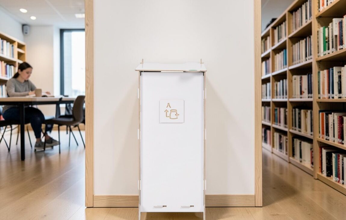 Classroom Waste Bin, seamlessly blending into a bright environment with clear sorting pictograms on the front, for indoor use.