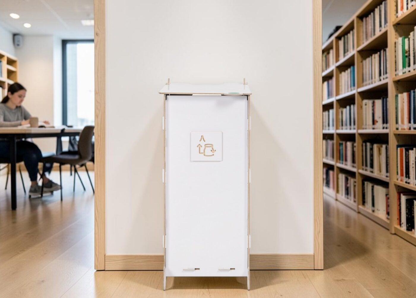 Classroom Waste Bin, seamlessly blending into a bright environment with clear sorting pictograms on the front, for indoor use.