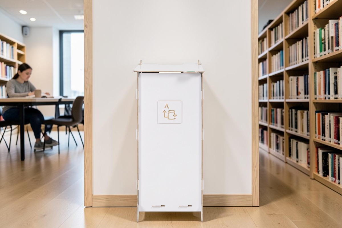 Classroom Waste Bin, seamlessly blending into a bright environment with clear sorting pictograms on the front, for indoor use.