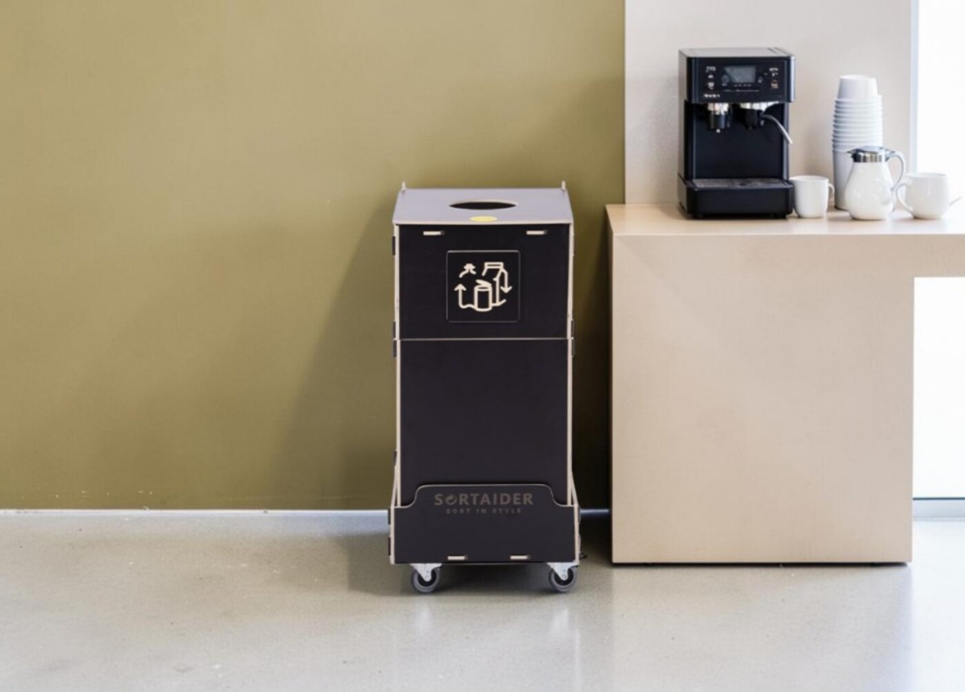 Coffee Area Recycling Bin for Waste Sorting in coffee areas, refreshment points and office beverage stations.