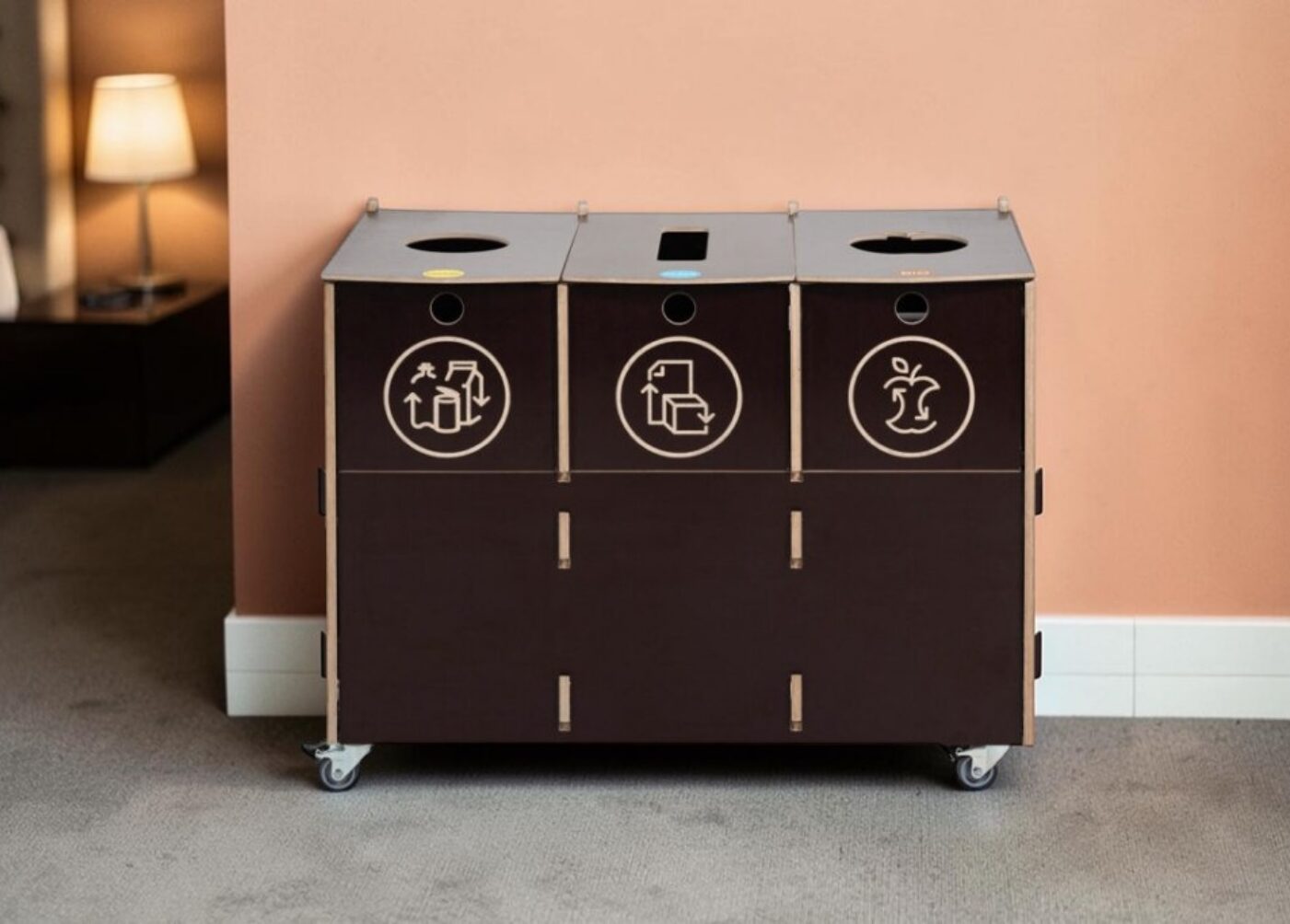 Hotel Guest Room Recycling Bin for Waste Sorting in modern hotel guest rooms.