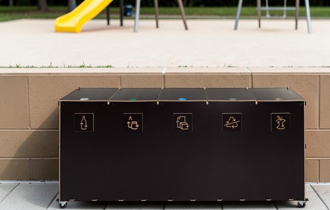 Playground Recycling Bin for Waste Sorting in school playgrounds, outdoor learning areas and recreational spaces.