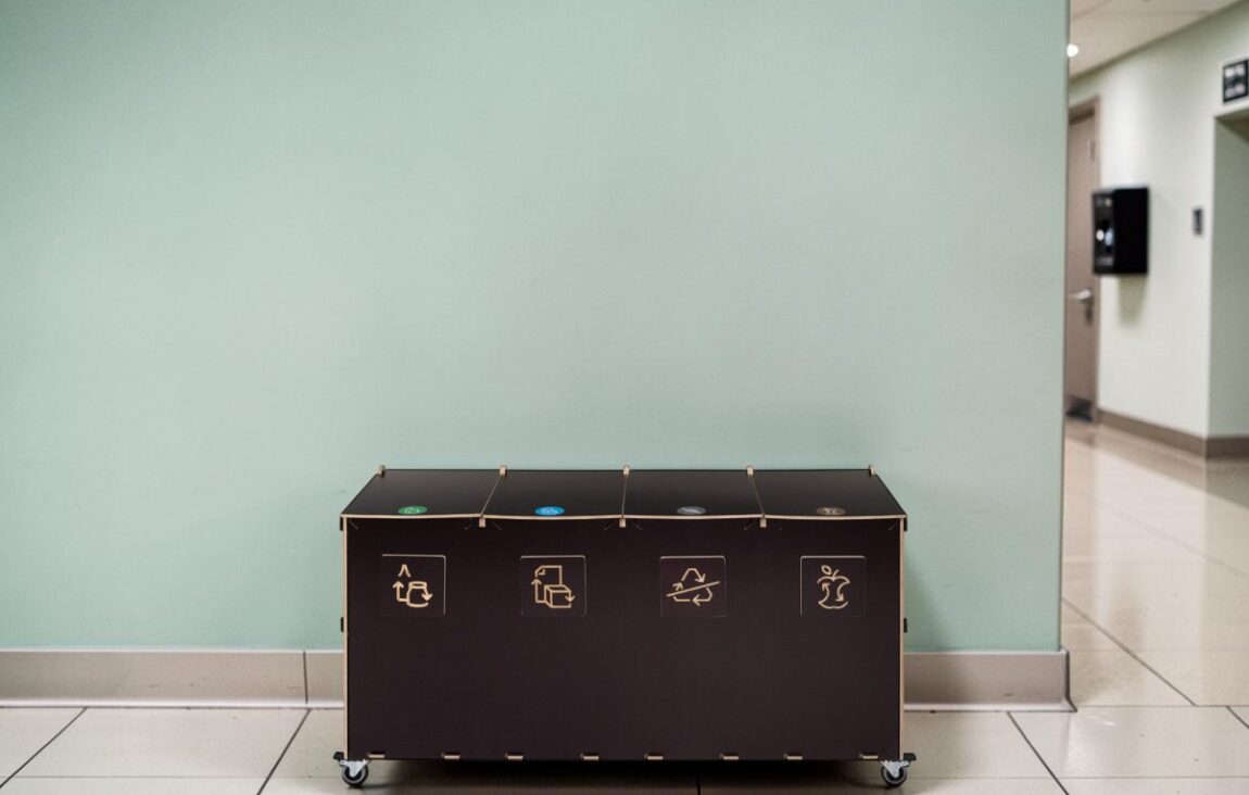 Restroom Recycling Bin for Waste Sorting in restrooms, washrooms and school sanitary facilities.