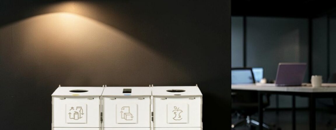 Office recycling bin. Three-compartment birch plywood sorting station on wheels in a modern office.