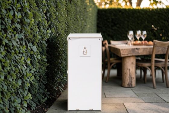 Outdoor waste bin. Weather-resistant birch plywood waste bin for bottle collection on a terrace beside a hedge.