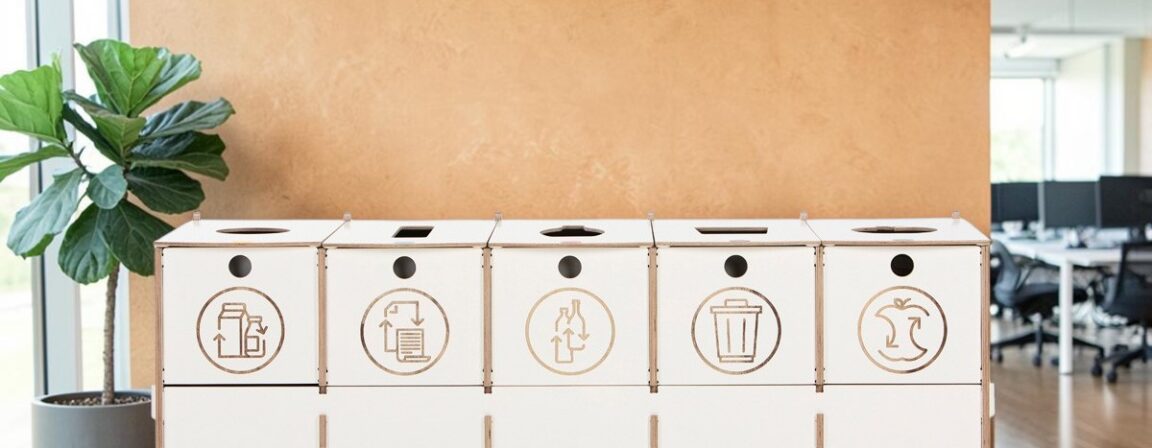 Recycling bin for a modern work environment. Five-fraction birch plywood sorting station in an open plan office.