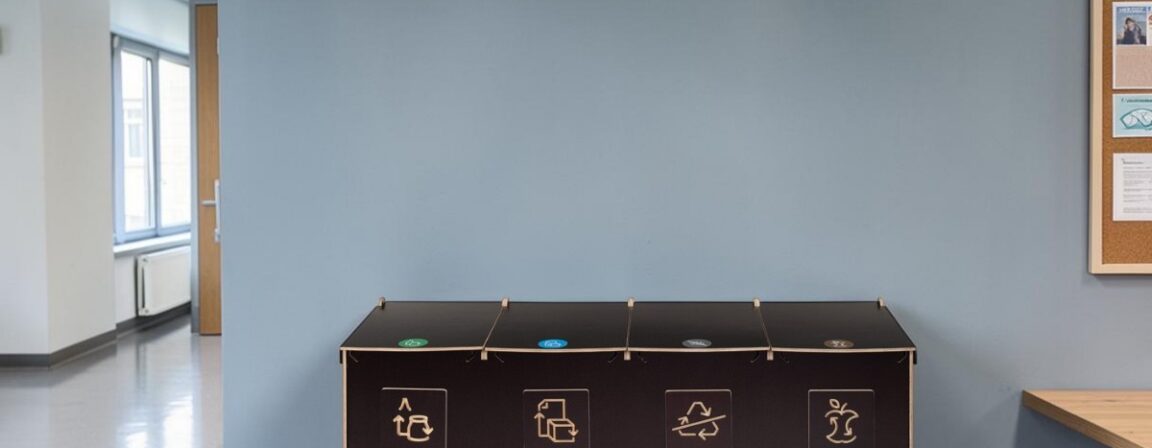 Recycling bin for schools and educational institutions. Four-compartment birch plywood sorting station on wheels in a school corridor.