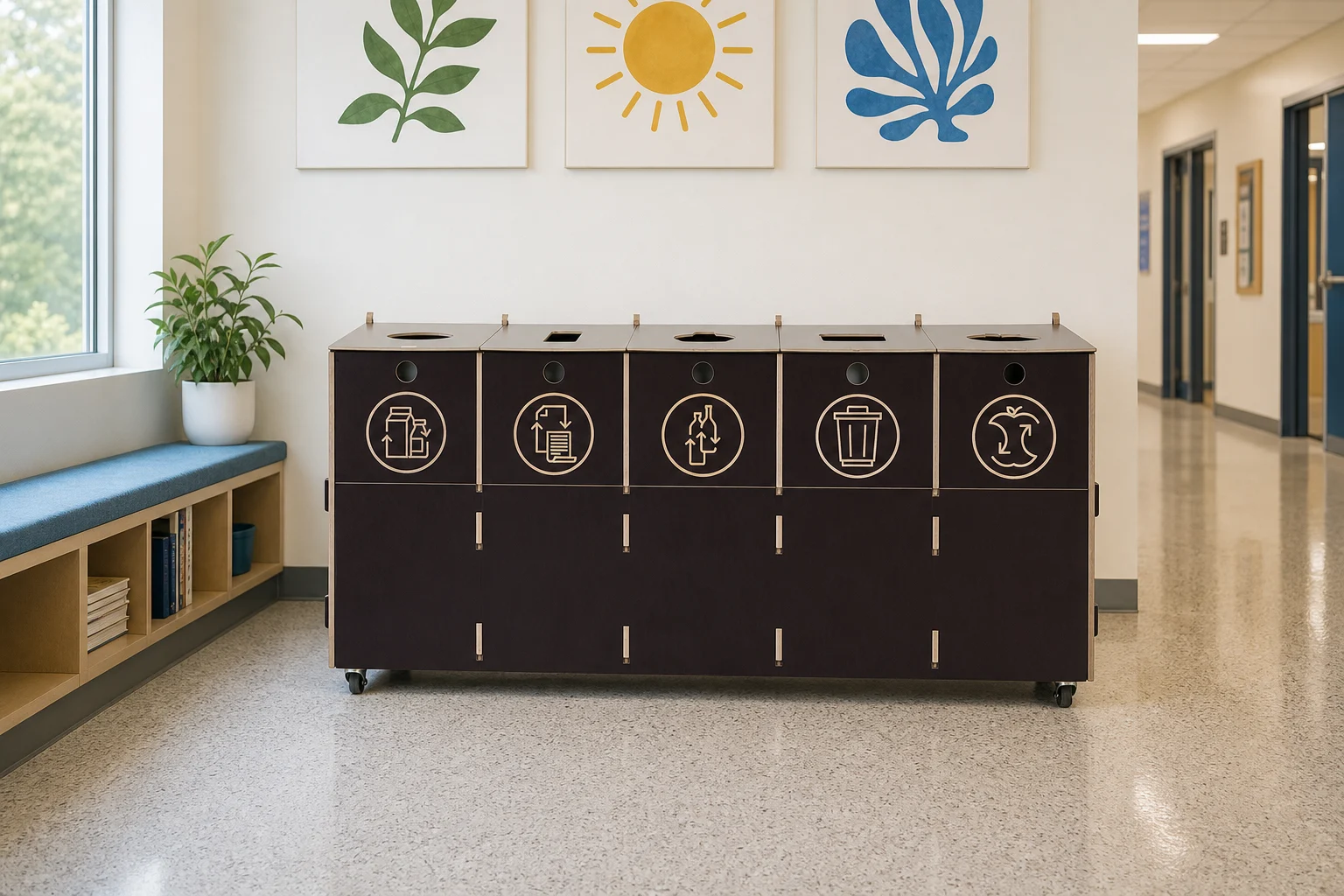 Punkt recyklingu na szkolnym korytarzu