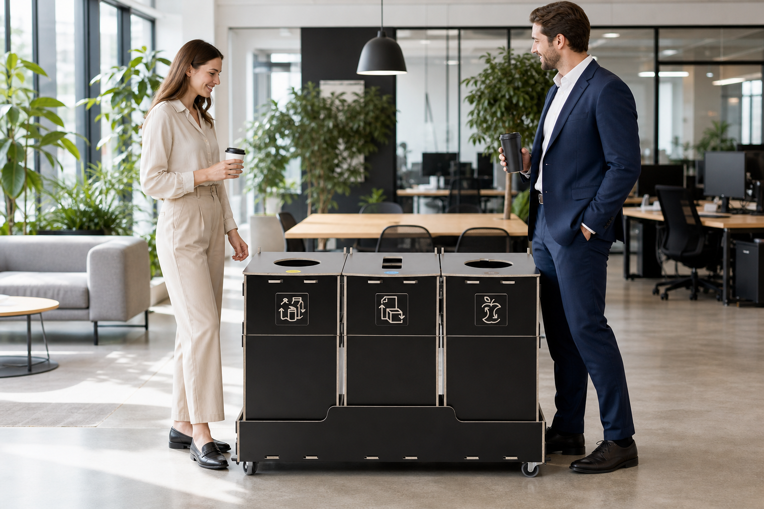 Employees using recycling station