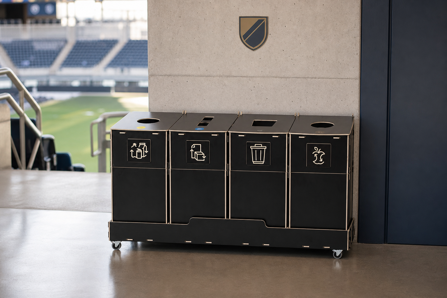 Stacja segregacji odpadów z brandingiem stadionu