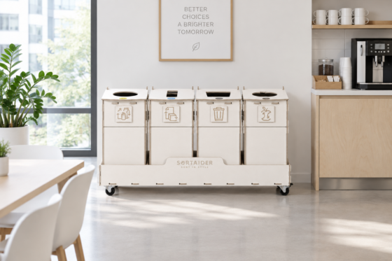 Four-compartment white plywood recycling bin