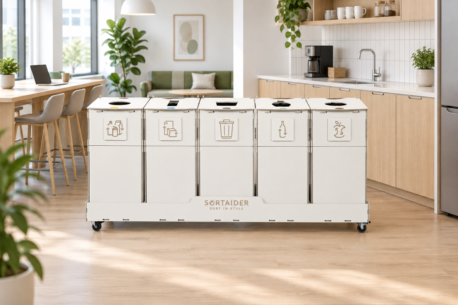 Five-stream recycling hub near kitchenette