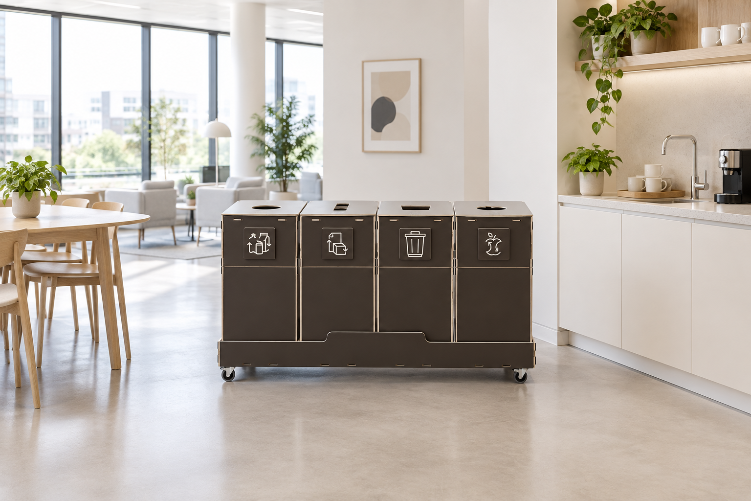 Four-compartment recycling station in an office