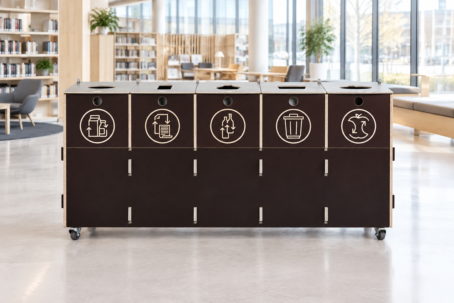 Five-fraction recycling bin in library