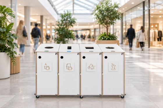 White recycling station in a shopping centre walkway